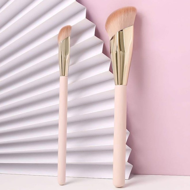 2-Piece Pink Makeup Brush Set with Rose Gold Aluminum Ferrule for Foundation and Concealer