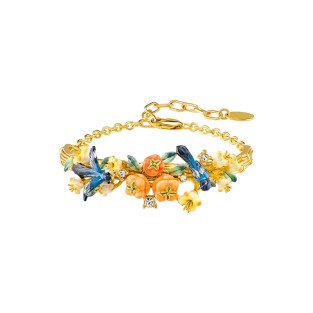 Enamel Magpie and Persimmon Half-Bangle Bracelet