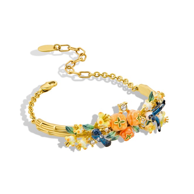 Enamel Magpie and Persimmon Half-Bangle Bracelet