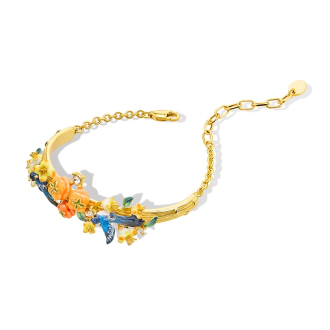 Enamel Magpie and Persimmon Half-Bangle Bracelet