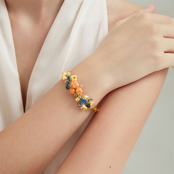 Enamel Magpie and Persimmon Half-Bangle Bracelet