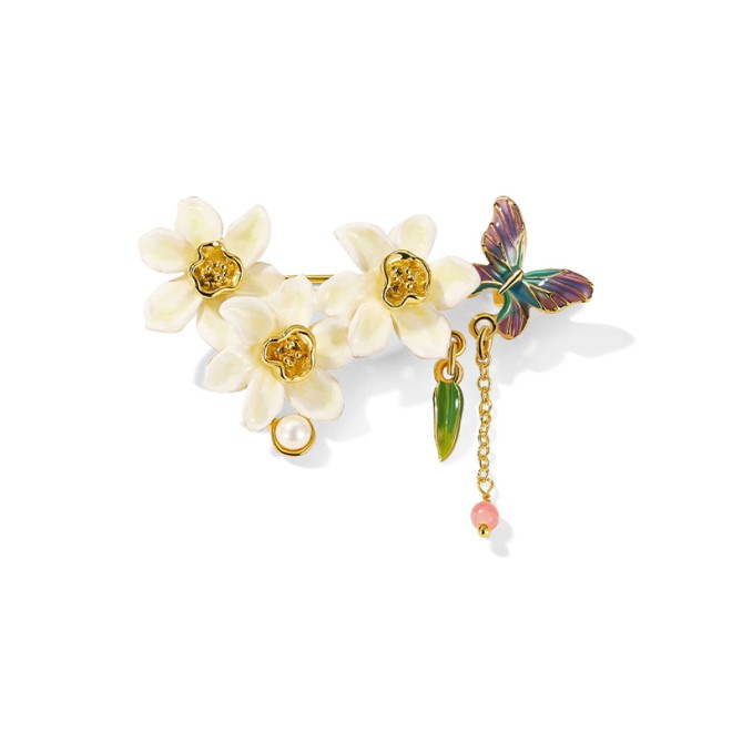 Enamel Butterfly and Narcissus Art Brooch