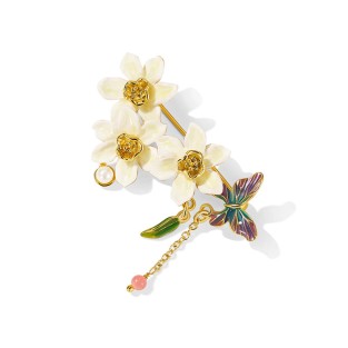 Enamel Butterfly and Narcissus Art Brooch