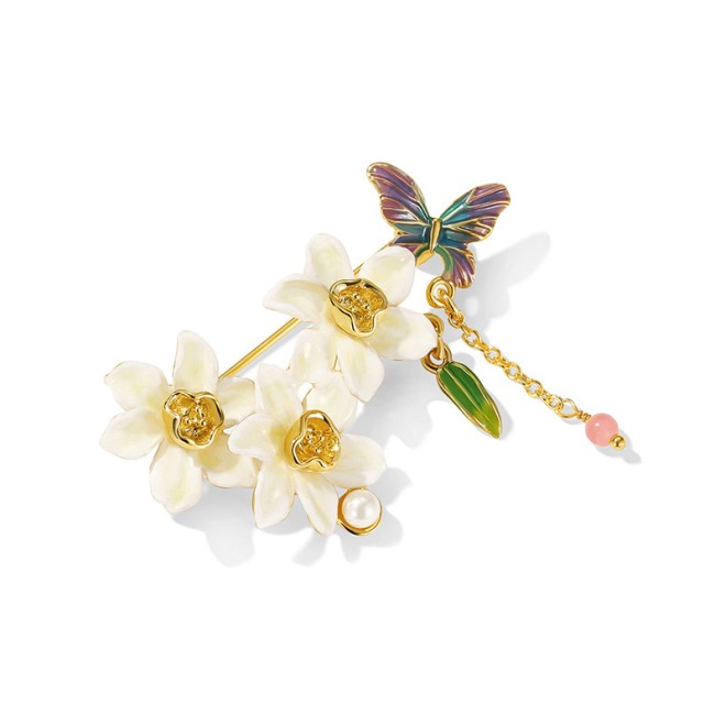Enamel Butterfly and Narcissus Art Brooch