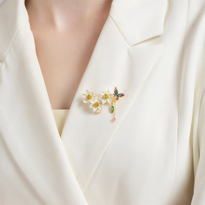 Enamel Butterfly and Narcissus Art Brooch