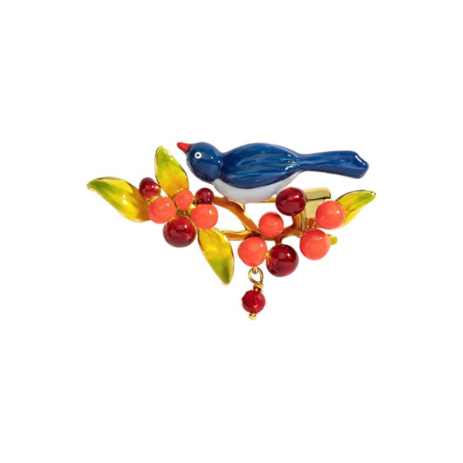 Berry Cherry Magpie Bird French Brooch