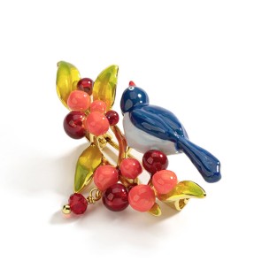 Berry Cherry Magpie Bird French Brooch