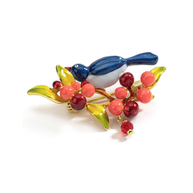 Berry Cherry Magpie Bird French Brooch
