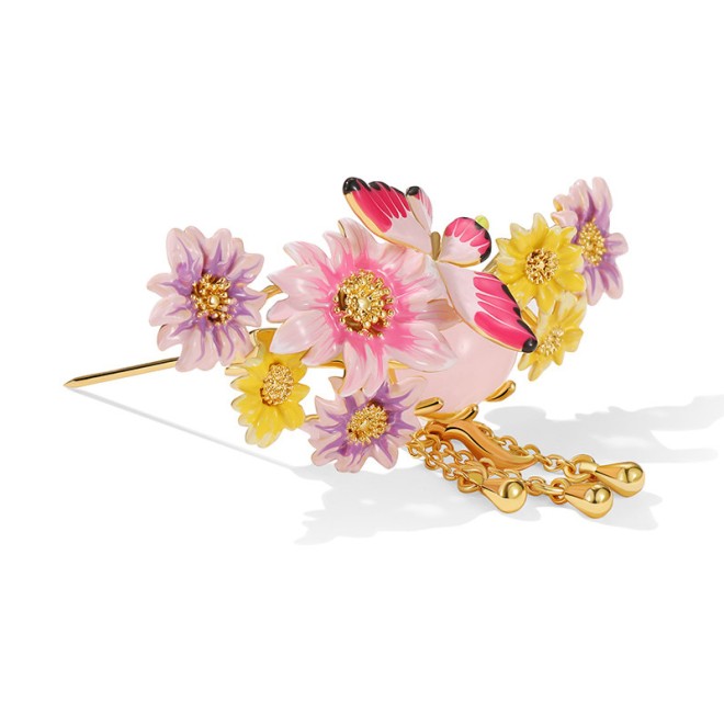 Enamel Butterfly Flower Brooch