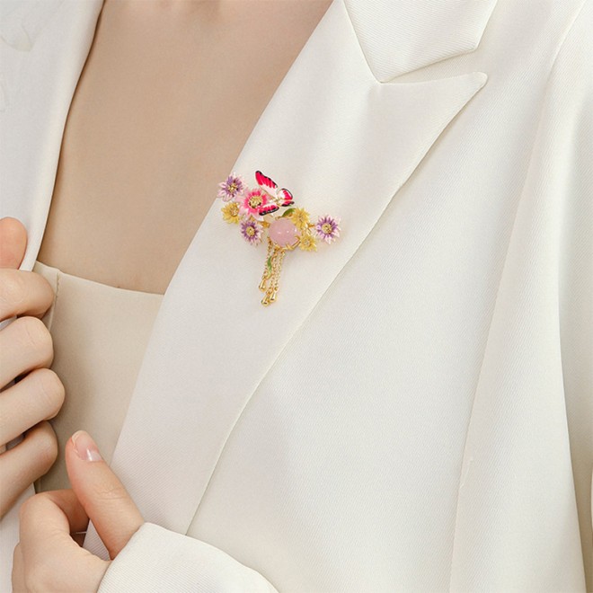 Enamel Butterfly Flower Brooch