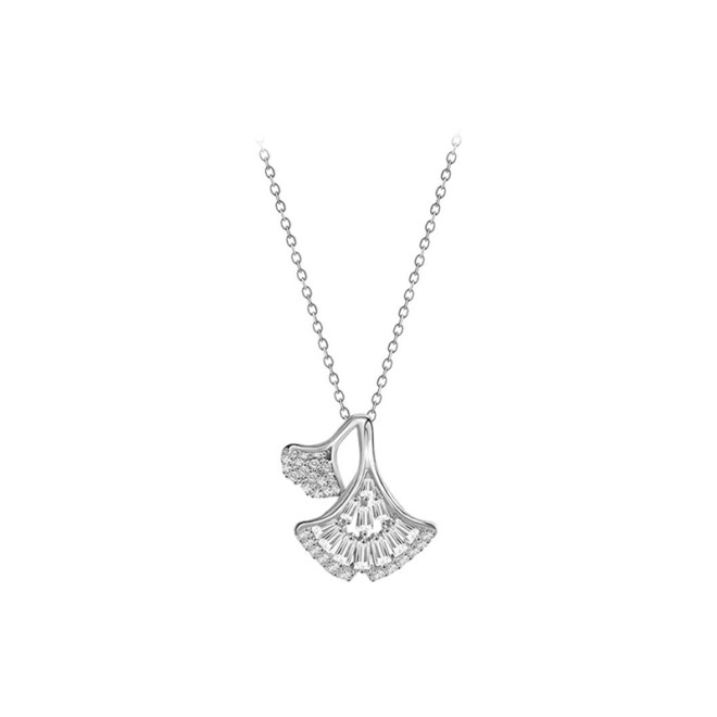 Pure Silver Zircon Leaf Pendant Necklace