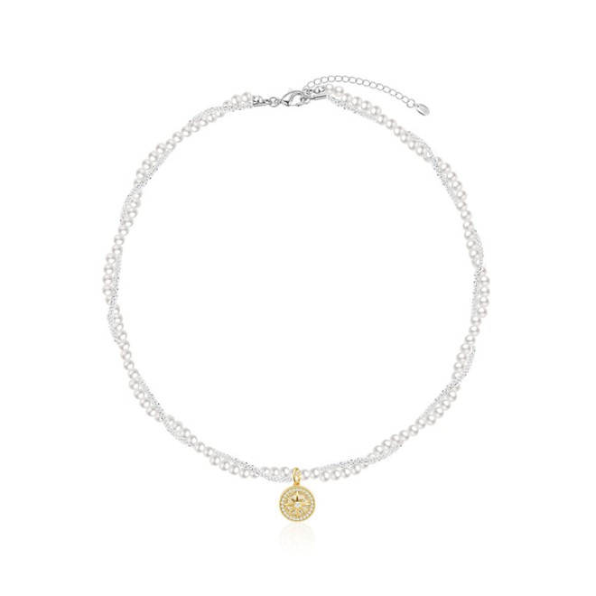 French Eight-Pointed Star Compass Pearl Collarbone Necklace