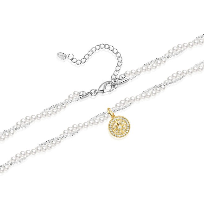 French Eight-Pointed Star Compass Pearl Collarbone Necklace