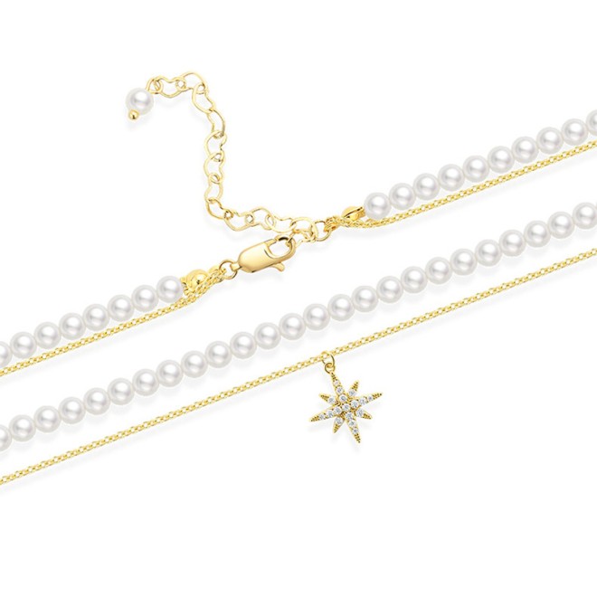 Double Layer Pearl Eight-Pointed Star Layered Collarbone Necklace