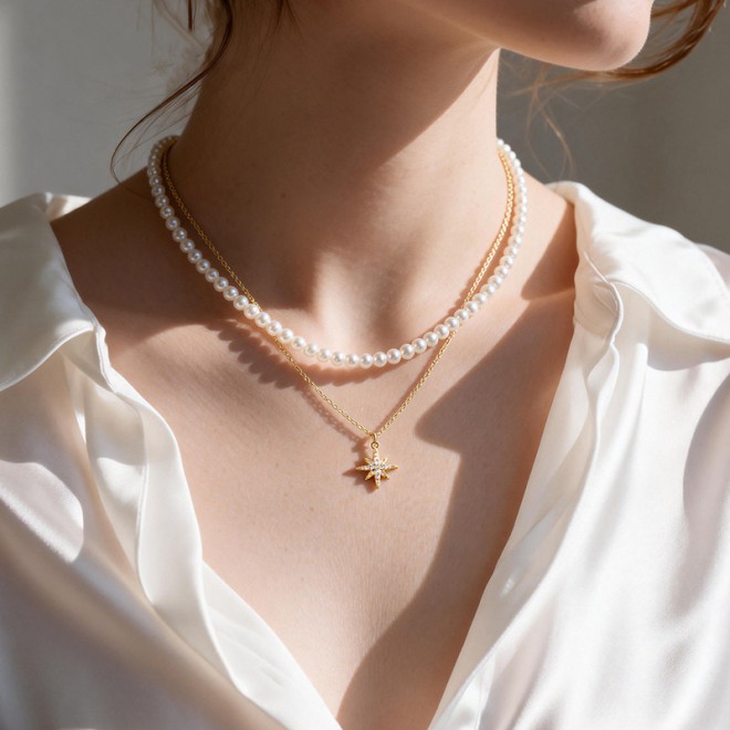 Double Layer Pearl Eight-Pointed Star Layered Collarbone Necklace