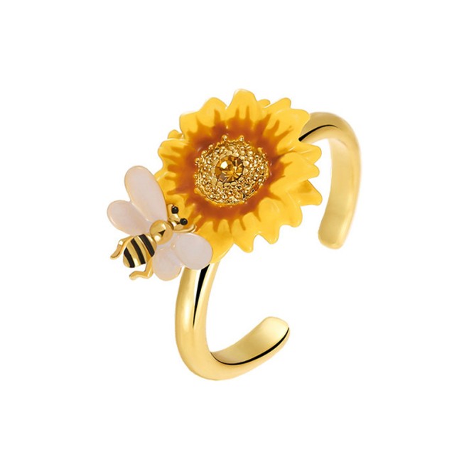Adjustable Enamel Sunflower Open Ring