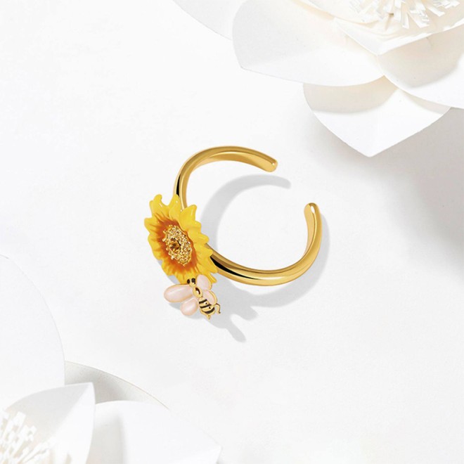 Adjustable Enamel Sunflower Open Ring