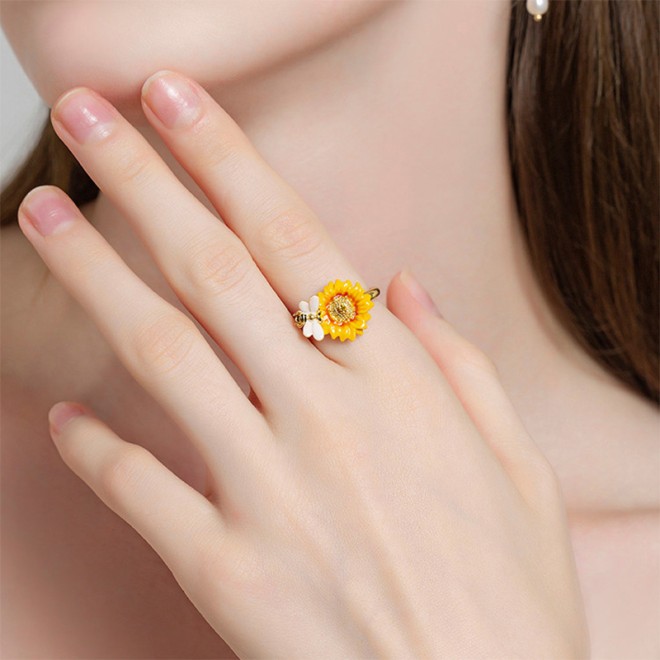 Adjustable Enamel Sunflower Open Ring