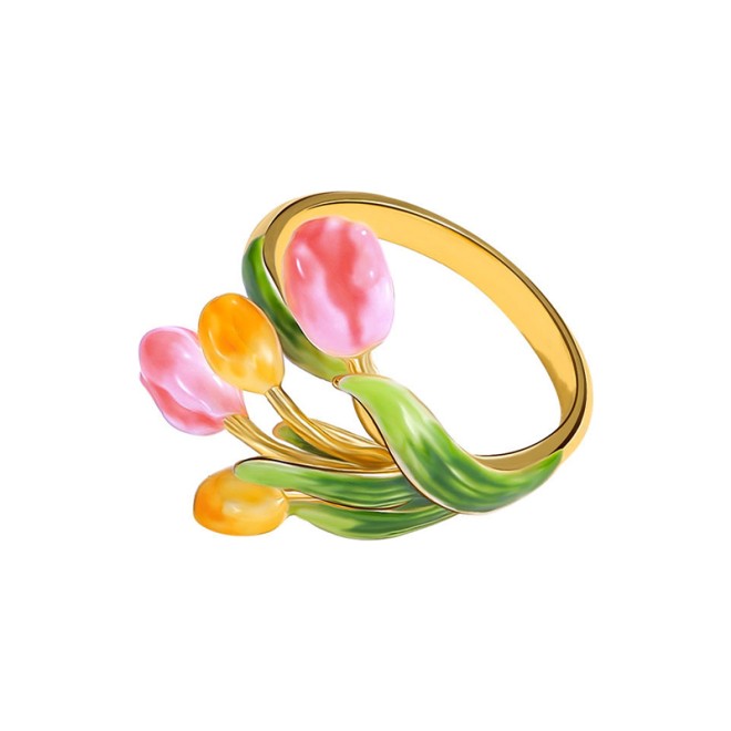 Enamel Tulip Flower Adjustable Open Ring