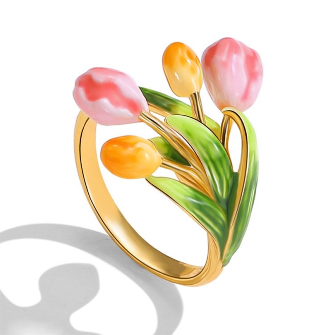 Enamel Tulip Flower Adjustable Open Ring