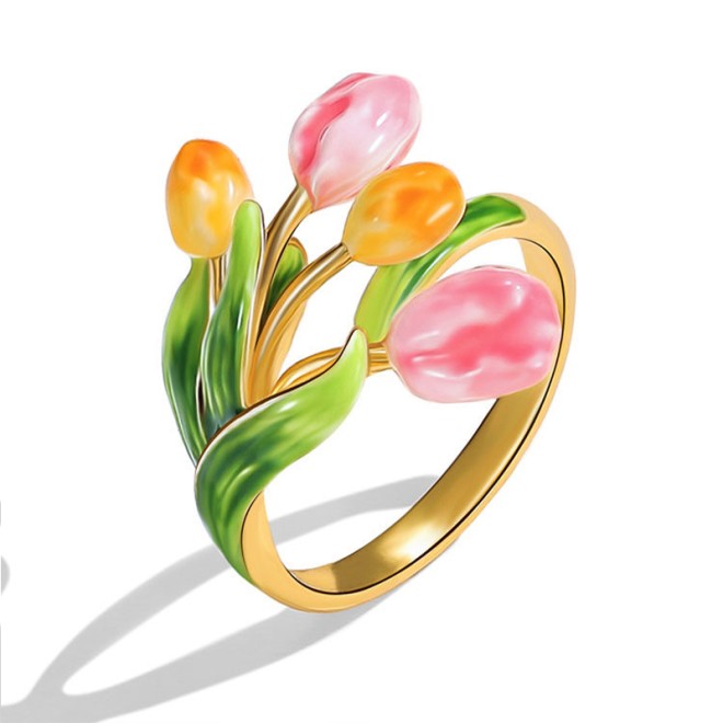 Enamel Tulip Flower Adjustable Open Ring