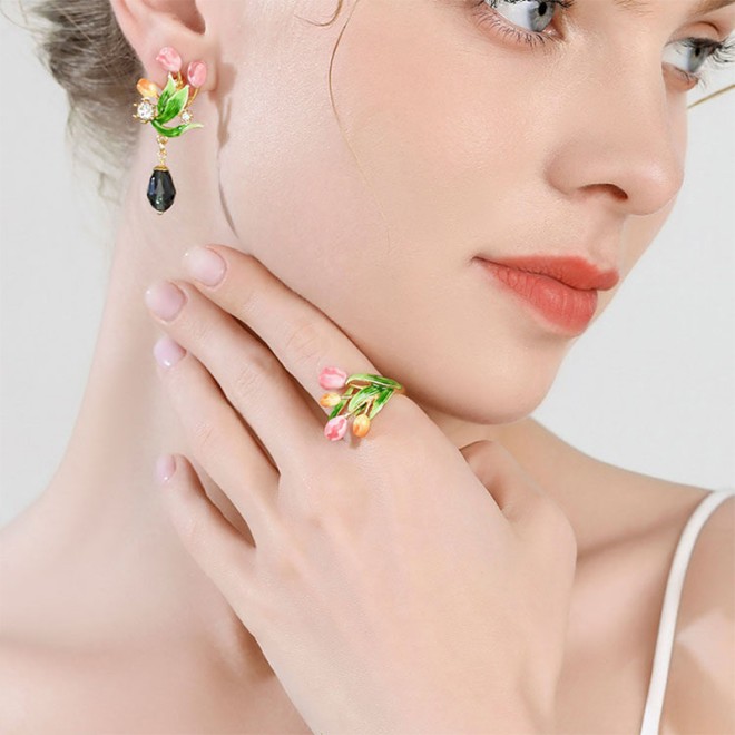 Enamel Tulip Flower Adjustable Open Ring
