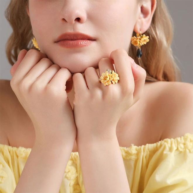 Enamel Flower Adjustable Open Ring