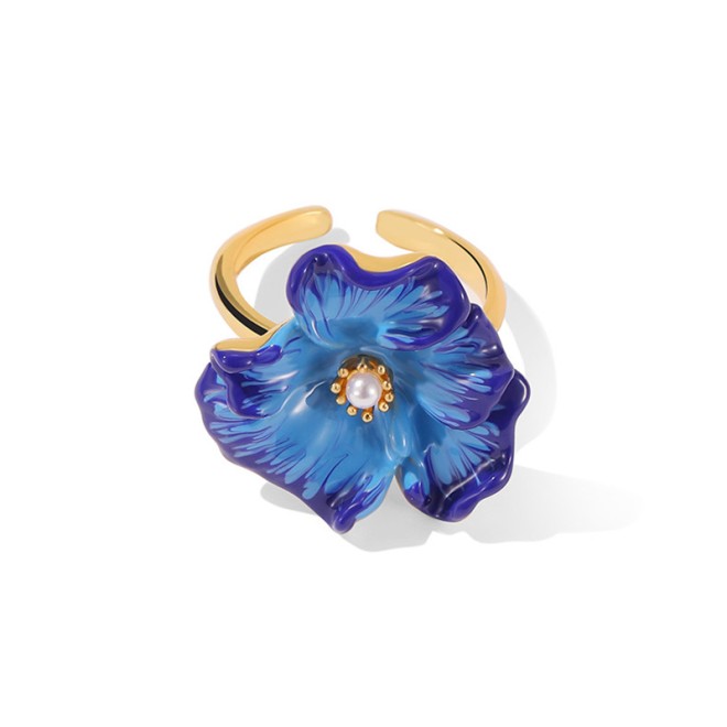 Blue Poppy Flower Open Ring