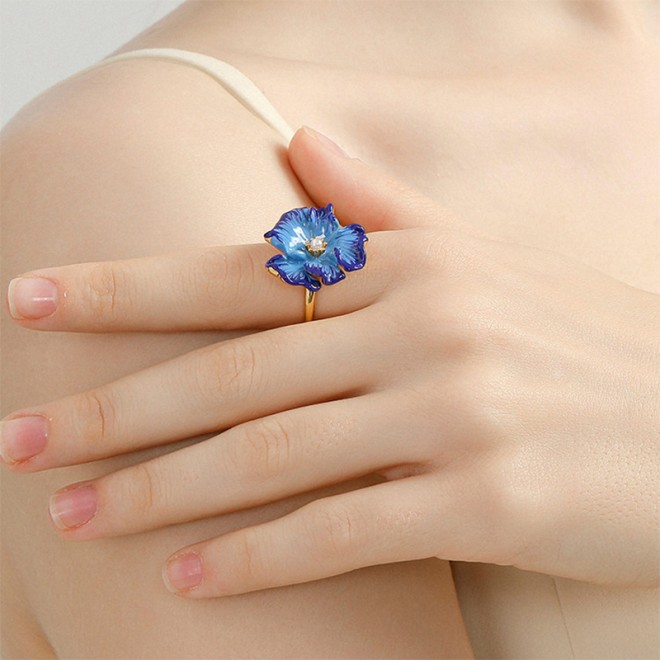 Blue Poppy Flower Open Ring