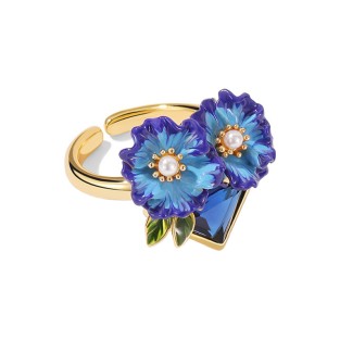 French Blue Poppy Flower Open Ring
