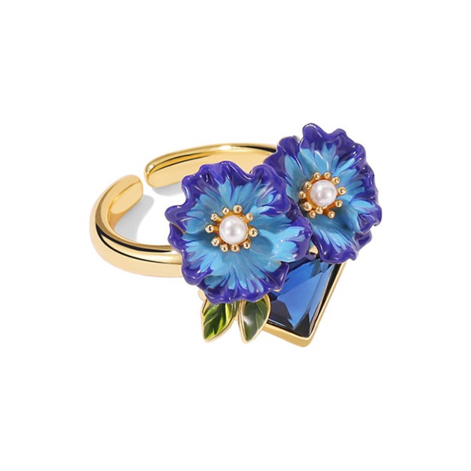 French Blue Poppy Flower Open Ring