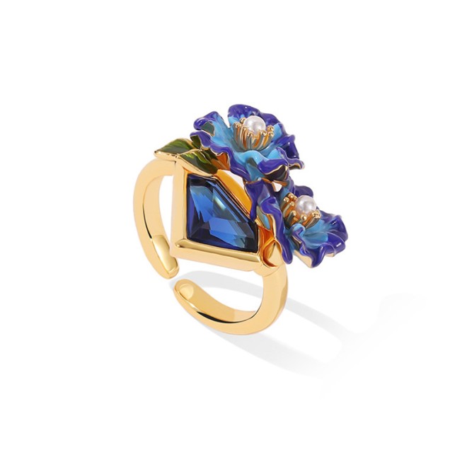 French Blue Poppy Flower Open Ring