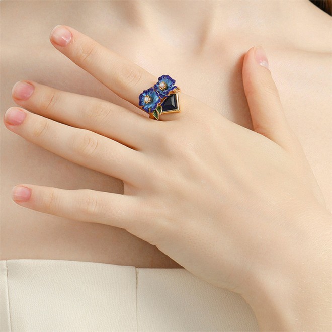 French Blue Poppy Flower Open Ring