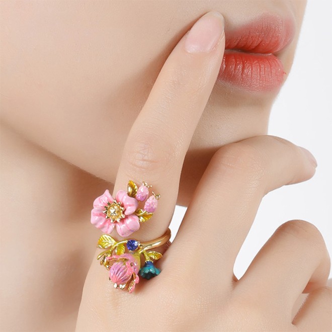 Enamel Flower Adjustable Open Ring